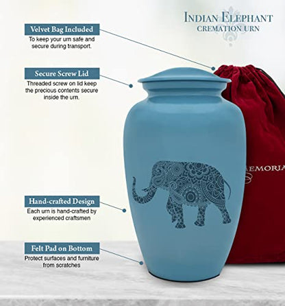 Indian Elephant Cremation Urn for Human Ashes - Handmade Cremation Urn - Adult Burial Urn - Blue Urn with Spiritual Design - Comes with Bag - color: Indian Elephant, size: 1 Large Urn