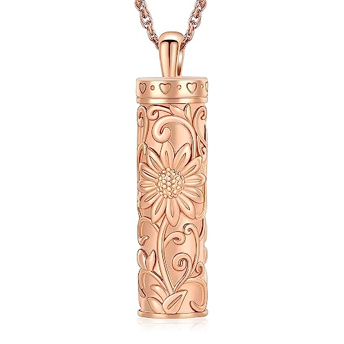 shajwo Cylinder Urn Necklace for Ashes for Women Men Sunflower Cremation Jewelry Vial Memorial Loved One Pendant - color: Full Rose Gold