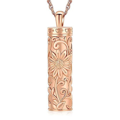 shajwo Cylinder Urn Necklace for Ashes for Women Men Sunflower Cremation Jewelry Vial Memorial Loved One Pendant - color: Full Rose Gold