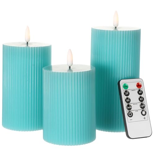 Teal Flameless Candles with Remote for Room Deocr, Tiffany Blue Decor | Teal Candles Battery Operated with Timer, Turquoise LED Fake Ribbed Pillar Candles for Bathroom Kitchen Living Room Decor - color: Teal(Ribbed)