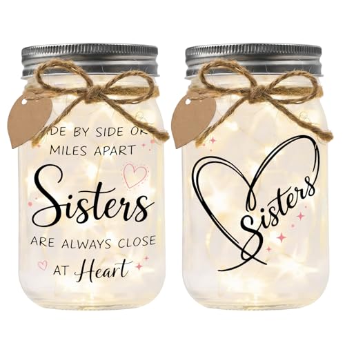 Jar Night Light, Glass Lamp, 5x3 Inch, Memorial Gift Friendship | Unique Tin Lid Lamp Sentimental Bereavement Keepsake Home Decor for Loss of Loved One Memorial Condolence Present - color: Sisters
