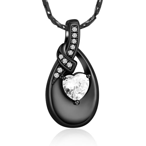 Teardrop Urn Necklace for Ashes Birthstone Heart Memorial Jewelry Stainless Steel Cremation Pendant for Women Men Keepsake Gift - color: Black