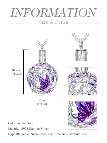 TOUPOP Butterfly Necklace for Women 925 Sterling Silver Tree of Life Butterflies Dragonfly Hummingbird Pendant Necklaces Crystal Jewelry Anniversary Christmas Birthday Gift for Her - color: Butterfly Purple - Urn