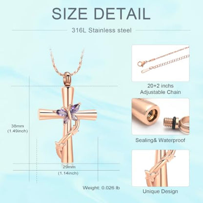 Butterfly Cross Urn Necklace for Ashes Birthstone Cremation Jewelry for Men Women Ashes Pendant Keepsake Memorial Ash Jewelry - color: Rosegold-Purple