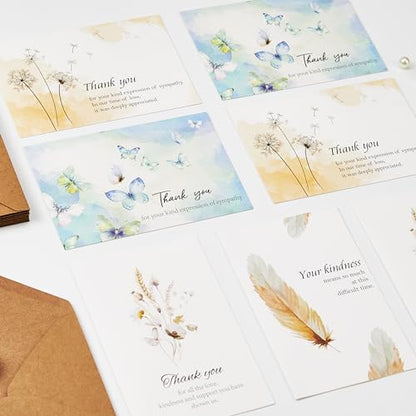 Crisky 50 PK Funeral Thank You Cards with Envelopes, Thank You for Your Sympathy Cards Watercolor Flowers Butterflies Bereavement Sympathy Thank You Cards for Funeral Family Friends