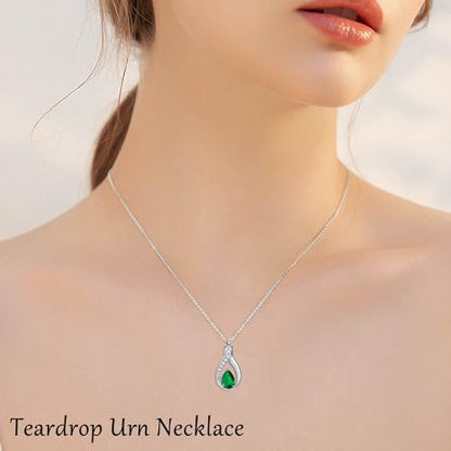 Teardrop Urn Necklace for Ashes Birthstone Keepsake Pendant Cremation Jewelry for Ashes Memorial Jewelry Gifts for Loss of a Loved One for Women - style: May-Emerald