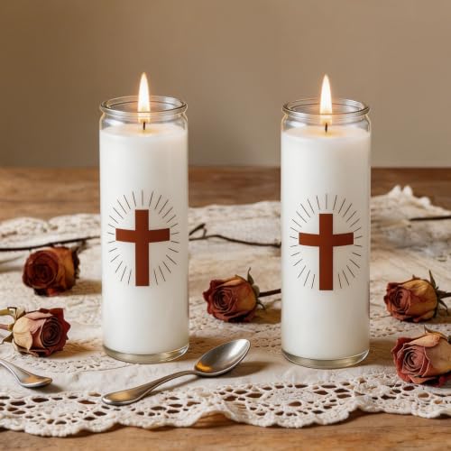 2 Pack White Prayer Candles, Devotional Prayer Candle in Glass Jars, Long‑Burning Smokeless Cross Catholic Candles for Church, Altar Vigil & Memorials - size: 2