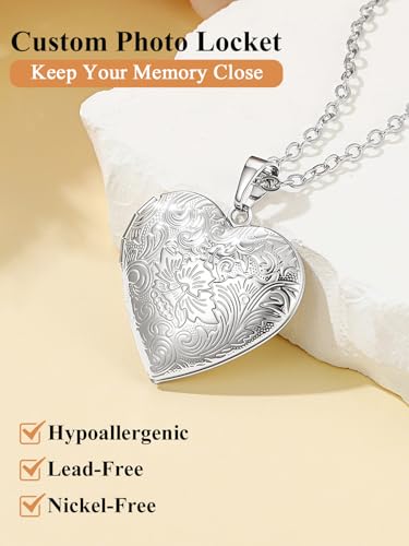 Custom4U Personalized Heart Locket Necklace with Pictures,Sunflower/Angel Wings/Heart Shaped Lockets Custom Photo,Gold/Rose Gold/White Lockets That Holds Picture,Customized Memorial Jewelry for Women - color: A-Heart-Steel(Locket + Photo)