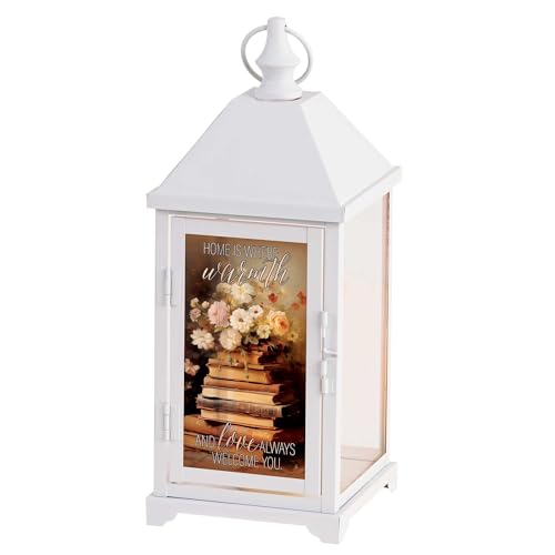 Magnolia Garden 14 Inch Crisp White Metal Traditional Lantern – LED Candle Home Decor – Floral-Book Theme – “Home is Where Warmth and Love Always Welcome You - size: 5.25 x 5.25 x 14, style: Home Is Where Warmth & Love