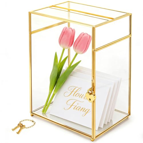 Glass Card Box with Slot & Lock, Gold Clear Wedding Card Holder, Decorative Gift Card Box for Reception, Birthday, Graduation, Bridal Shower, Party