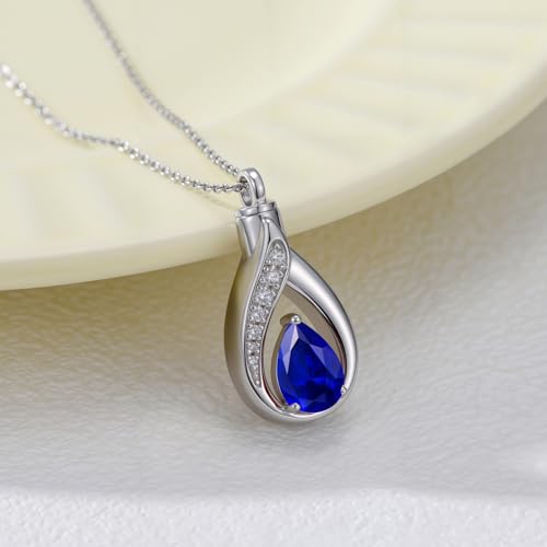 Teardrop Urn Necklace for Ashes Birthstone Keepsake Pendant Cremation Jewelry for Ashes Memorial Jewelry Gifts for Loss of a Loved One for Women - style: Sep-Sapphire