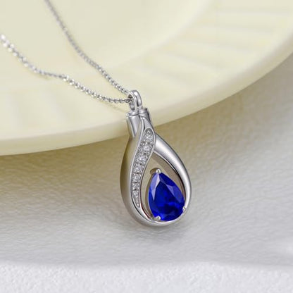 Teardrop Urn Necklace for Ashes Birthstone Keepsake Pendant Cremation Jewelry for Ashes Memorial Jewelry Gifts for Loss of a Loved One for Women - style: Sep-Sapphire