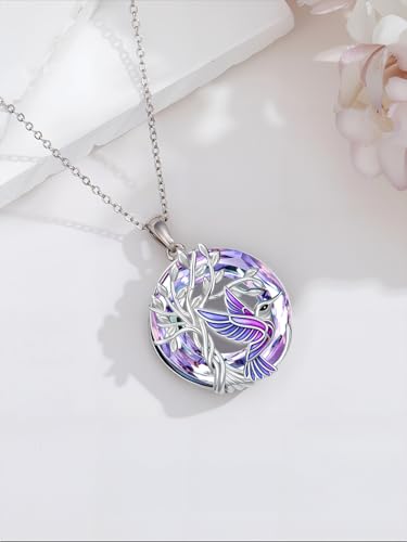 TOUPOP Butterfly Necklace for Women 925 Sterling Silver Tree of Life Butterflies Dragonfly Hummingbird Pendant Necklaces Crystal Jewelry Anniversary Christmas Birthday Gift for Her - color: Hummingbird Purple