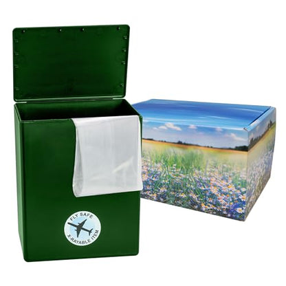 Meadow Themed TSA Approved Fly-Safe and Temporary Travel Cremation Urn Kit for Human Ashes - Airline and Mail Friendly - 200 Cubic Inch Capacity - Green Plastic Urn with Floral Mailing Box - color: Meadow