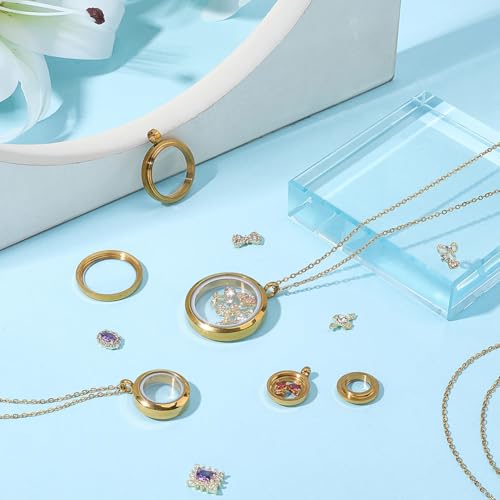 4 Size 8Pcs 4 Sets Real 18K Gold Plated Floating Charm Locket Necklace Round Memory Locket Stainless Steel Clear Glass Photo Pendant Living Picture Keepsake Necklace for Women Friendship DIY - style: 4 sizes gold