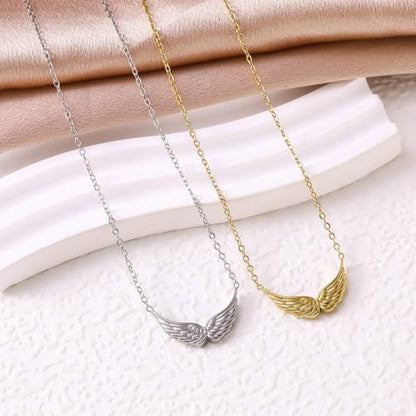 Silver/Gold Plated Angel Wing Pendant Necklace for Women Men | 18K Gold Guardian Angel Wings Feather Necklace Stainless Steel Simple Minimalist Necklaces Birthday Christmas Jewelry Gifts - color: Gold