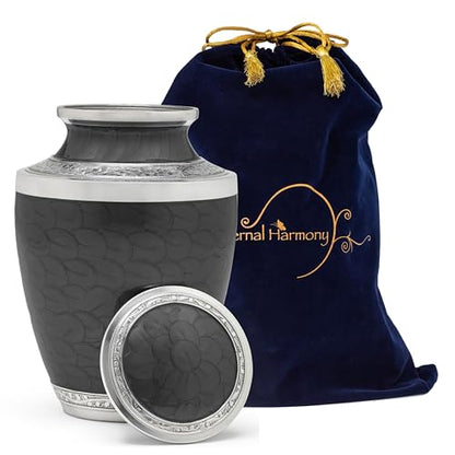 Eternal Harmony Large Urn for Ashes, Adult Male & Female Cremation Urn for Human Ashes with Elegant Finishes, Secure Seal & Velvet Bag, Funeral Vase for Men & Women Up to 200 lbs (Black)