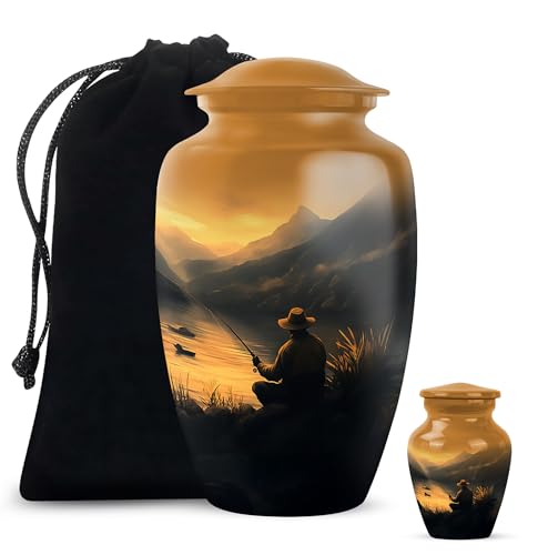 Fisherman Funeral and Memorial Urns for Human Ashes, Fishing Keepsake Urn for Ash, Adult Funeral Urn Handcrafted, Memorial Gift, Combo, Yellow (10 Inch & 3 Inch Mini) - color: Fishing Urn -1, size: 10"+3"Combo-1