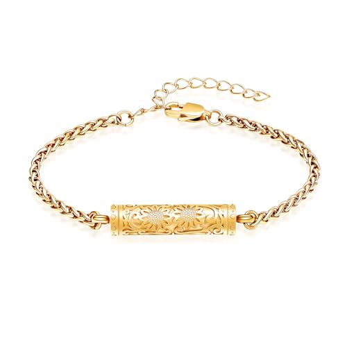shajwo Cremation Jewelry Sunflower Cylinder Urn Bracelet for Ashes | Adjustable Memorial Keepsake Link Bracelet for Women - color: Gold