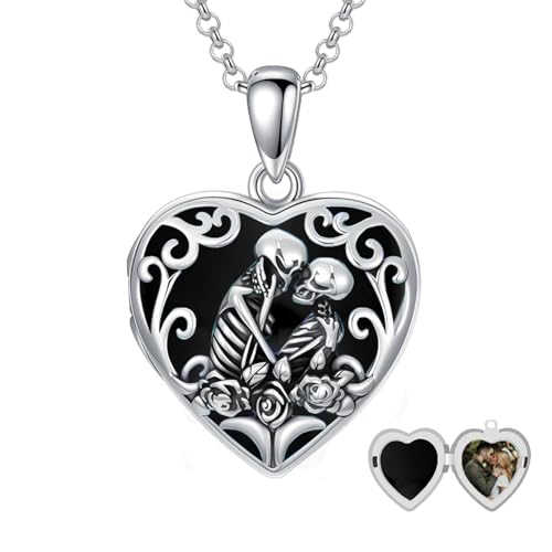 Personalized Heart Locket Necklace That Holds Pictures 925 Sterling Silver Custom Photo Lockets Necklaces Jewelry Gifts for Family Women Lover - color: Skull-Black onyx, style: Locket Only