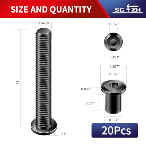 1/4-20 x 2 Inch 20Pcs Flat Head Hex Socket Cap Screws Bolts Barrel Nuts Kit, 304 Stainless Steel 18-8, Full Thread, Black Oxide by SG TZH (with Hex Spanner) - color: Black, size: 1/4-20 x 2"