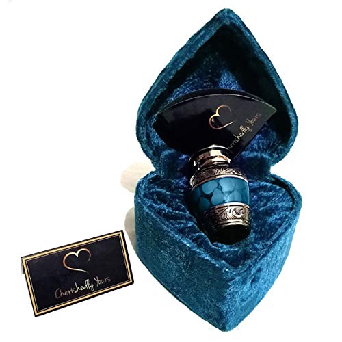 Small Keepsake Cremation Urns for Human Ashes with Velvet Heart Case and Funnel - Beautiful Peaceful Dark Blue Brass Hand Engraved Mini Memorial Urn - color: Blue Small Keesake Urn