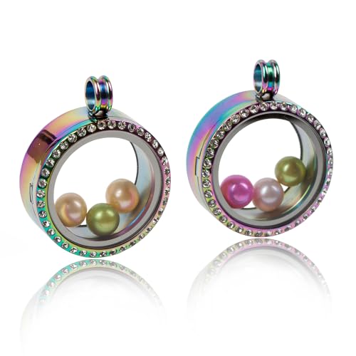 2PCS 30MM Floating Charm Locket Necklace with 6 Freshwater Pearls/Beads,316L Stainless Steel Clear Glass Locket,Small Waterproof Living Memory Pendant for Women(Without Chain) - color: Crystal Rainbow