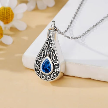 Teardrop Urn Necklace for Ashes Filigree Birthstone Keepsake Pendant Cremation Jewelry for Ashes Memorial Jewelry Gifts for Loss of a Loved One for Women - style: Dec-Blue Topaz