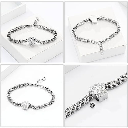zeqingjw Urn Bracelet for Pets Ashes Pet Cremation Jewelry Stainless Steel Paw Print Pet Memorial Bracelet Pet/Dog's/Cat's Ashes Keepsake for Women Men - color: Silver