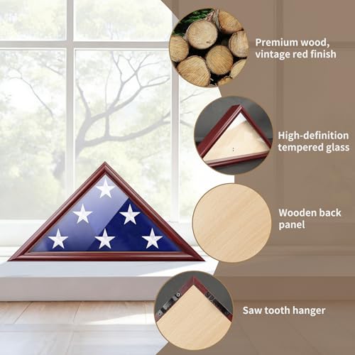 ASmileIndeep Flag Display Case - 5' x 9.5' Funeral & Military Flag Shadow Box with HD Tempered Glass and Wall Mount, Folded Triangle Flag Holder Frame for Veterans, Red - size: For 5' x 9.5' Flag-Red