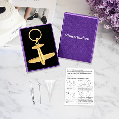 Minicremation Cremation Jewelry Urn Keychain for Ashes Airplane Memorial Urn Pendant for Human Pet's Keepsake Key Chain - color: Gold