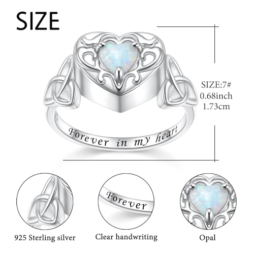 925 Sterling Silver Heart Opal Urn Ring for Ashes Celtic Knot Memorial Ring | Forever in My Heart, Cremation Keepsake Jewelry, Gift for Women