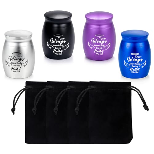 Set of 4 Small Keepsake Urns for Ashes, Angel Wings Design, Mix | Aluminum construction, Secure screw lid, Individual velvet bags, Sharing keepsakes, Travel friendly, Human or pet remembrance - color: Multicolor
