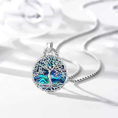 Sterling Silver Tree of Life Necklace for Women Oval Family Tree Necklace Abalone Shell Moonstone Pendant Mother Day Necklace for Mom Tree of Life Jewelry - style: Tree of Life-Abalone Shell
