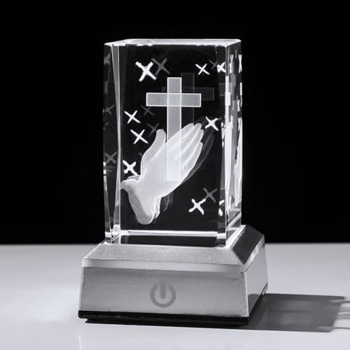 LONGWIN 3D Crystal Praying Hands Christian Religious Gifts for Women Men, Glass Laser Engrave Jesus Cross Figurine Cube Multicolor Led Night Light - style: Praying Hand