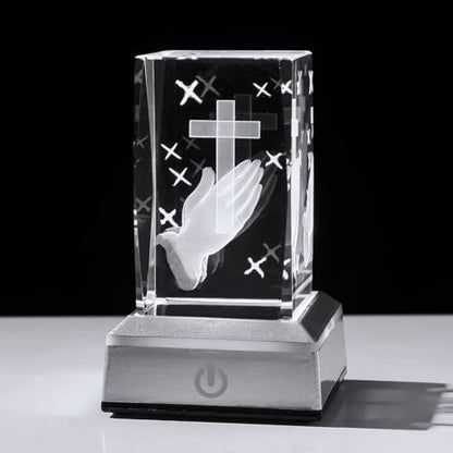 LONGWIN 3D Crystal Praying Hands Christian Religious Gifts for Women Men, Glass Laser Engrave Jesus Cross Figurine Cube Multicolor Led Night Light - style: Praying Hand