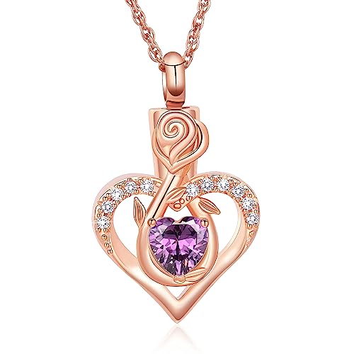 Roseflower Cremation Jewelry Heart Urn Necklace for Ashes for Women Gilrs Memorial Keepsake Birthstone Pendant Necklaces for Ashes of Loved Ones - color: Rose-purple