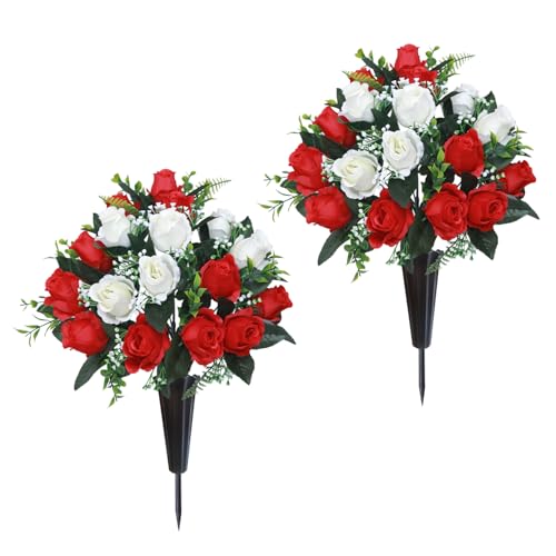 Lodou Set of 2 Artificial Cemetery Flowers, Memorial Flowers Bouquet,Grave Memorial Flowers with Vase for Cemetery Headstones Decoration (Red White) - color: Red White