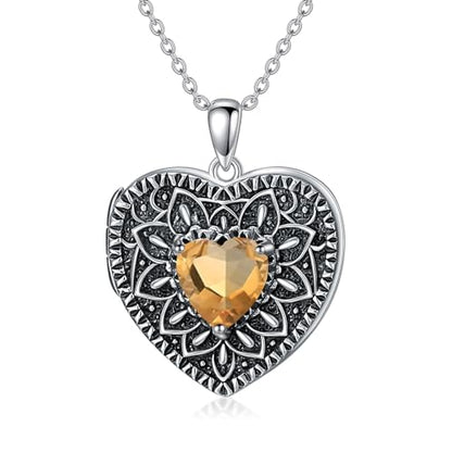 Heart Photo Locket Necklace 925 Sterling Silver Birthstone Gemstone That Holds 2 Pictures Locket Necklace Jewelry Gifts for Mother Women Mom Mother's Day Christmas Birthday - style: 11-Nov-Citrine