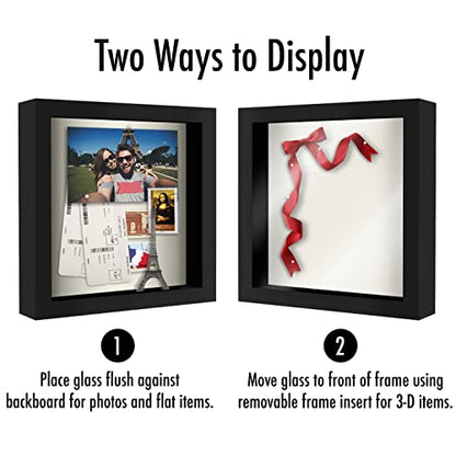 Americanflat 8x8 Shadow Box Frame with Shatter-Resistant Glass - Silhouette Collection - Small Shadow Box Display Case for Tabletop and Wall Display - Black with Soft Felt Back | Shatter-resistant glass, 1.5 inch interior depth, displays keepsakes, medals