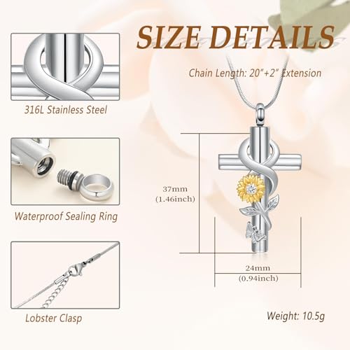 Urn Necklace for Ashes Sunflower Cross Necklace Cremation Jewelry Ashes Necklace for Human Women Pets Sunshine Pendant Keepsake Jewelry for Ashes - color: Silver-gold White