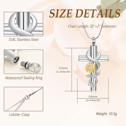 Urn Necklace for Ashes Sunflower Cross Necklace Cremation Jewelry Ashes Necklace for Human Women Pets Sunshine Pendant Keepsake Jewelry for Ashes - color: Silver-gold White