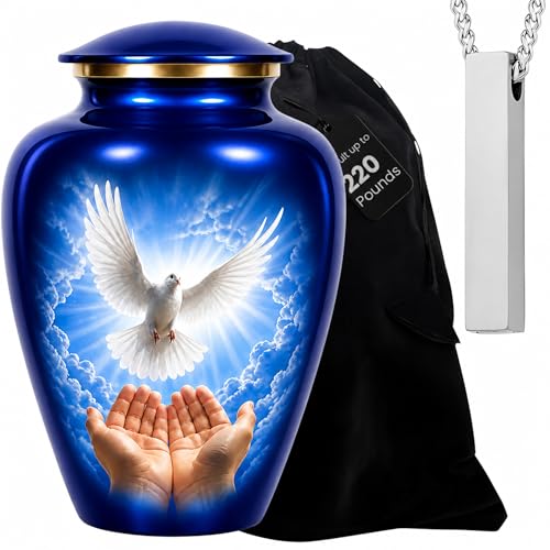 Family Tribute Eco-Friendly Peaceful Blue Dove Urn Set – Beautiful Large Urn for Ashes for Adults (220lbs) with & 1 Memorial Necklace - color: Dove Large Urn Set