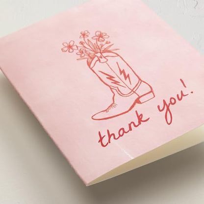 Minted Thank You Cards Pack, Set of 10, Folded Thank You Cards with Envelopes, Blank Card, Pink Boot & Flowers Design, Luxurious Paper, Designed by Independent Artists, Baby Shower, Bridal Shower - color: Party Boots