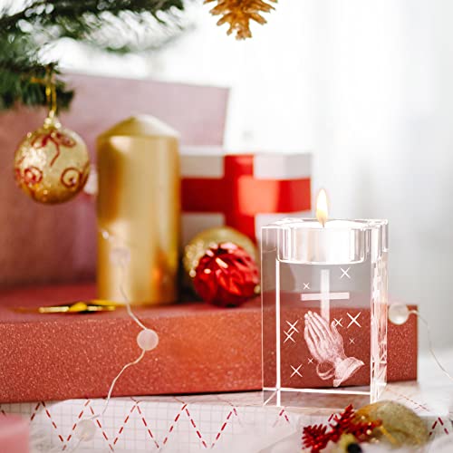 YWHL Cross Religious Crystal Votive Candle Holders, Religious Gifts for Women, 3D Praying Hands and Cross Glass Tealight Candle Holder for Table Centerpiece (Excluding Candles) - color: Praying Hand
