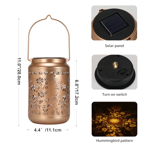 Lyeasw Garden Decor Hummingbird Solar Lanterns, 7 Inches Waterproof Hanging Lights for Outside, Metal Outdoor Decorations for Patio, Yard, Pathway, Birthday Gifts for Women(Bronze) - style: Hummingbird