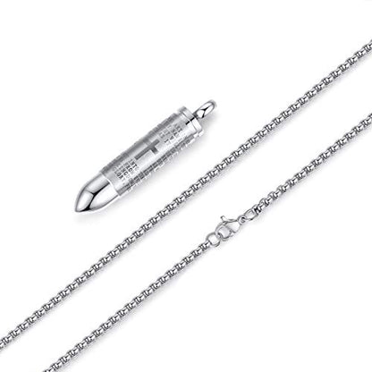 Mens Urn Necklace For Ashes Bullet Shape Cross Cremation Urn Jewelry - color: Silver Tone