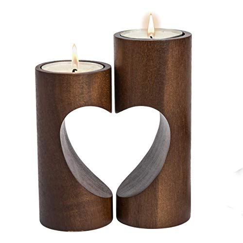 Tea Light Candle Holders, Heart Candle Holder, Set of 2 | Decorative, wood, tealight holder, brown, unity heart shaped, for table centerpiece, living room, bathroom, home décor