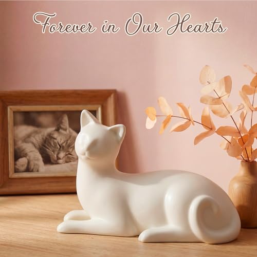 Lying Cat Urns for Ashes White Ceramic Pet Memorial Cremation, White | Includes Memorial Card, Waterproof Bag, Drawstring Pouch and Padding, Keepsake Urn for Loss of Beloved Cat, Remembrance Gift