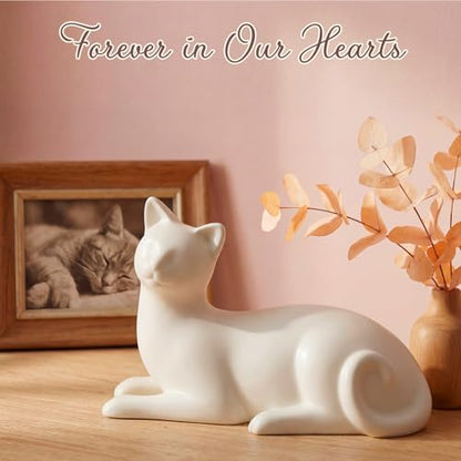 Lying Cat Urns for Ashes White Ceramic Pet Memorial Cremation, White | Includes Memorial Card, Waterproof Bag, Drawstring Pouch and Padding, Keepsake Urn for Loss of Beloved Cat, Remembrance Gift